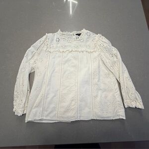 J. Crew Ruffle Neck Eyelet Blouse Women’s Size L Large White Preppy EUC